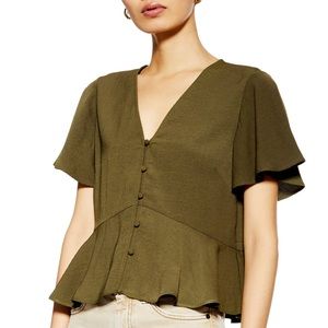 Topshop Meghan Top Olive Buttoned Blouse - Size 2